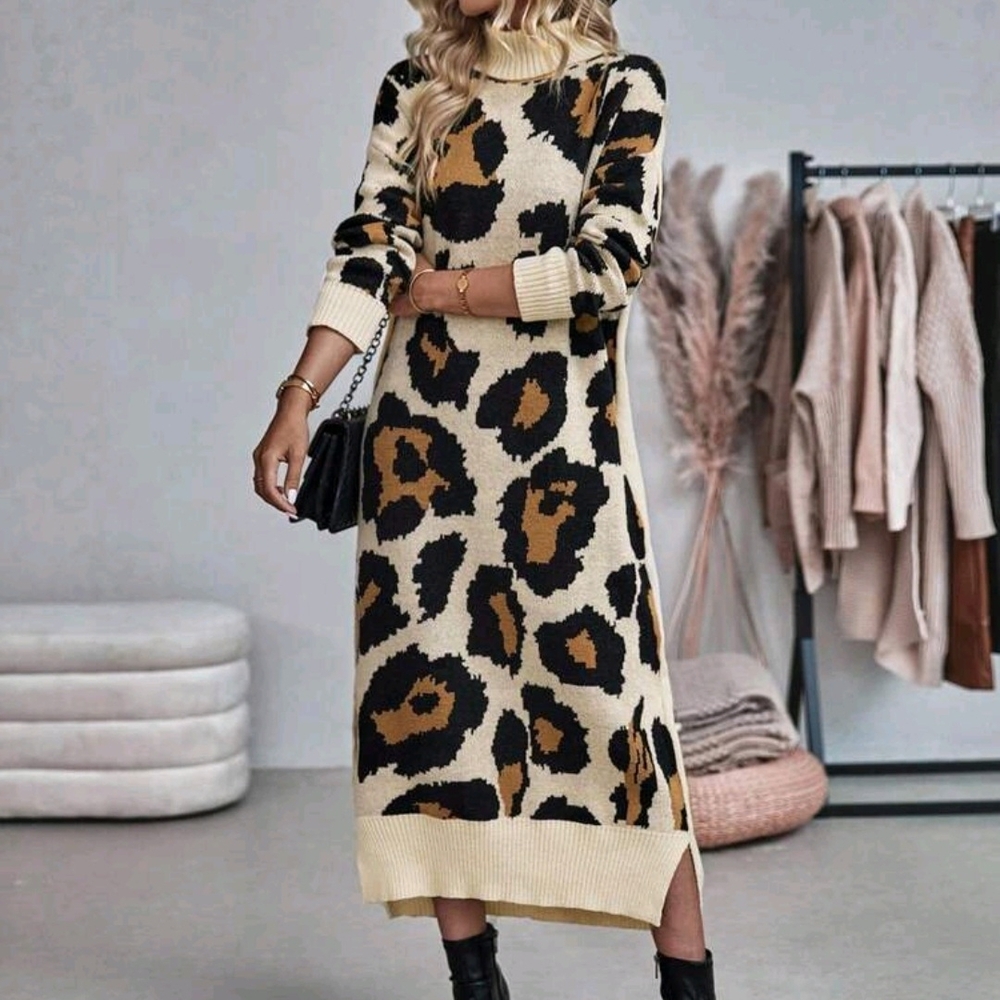 Leopard Print Knit Sweater Dress